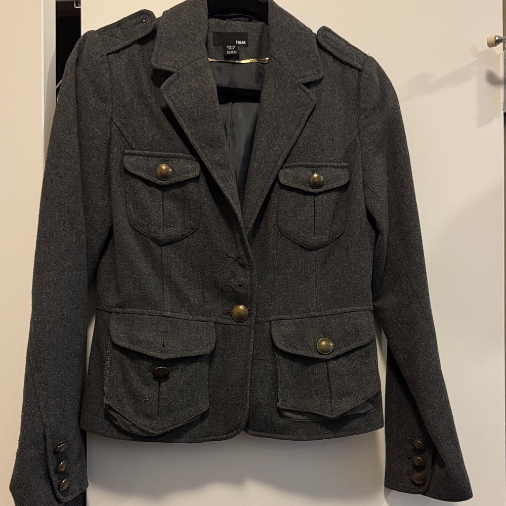 H&M Military Inspired Charcoal Blazer with Button Accents